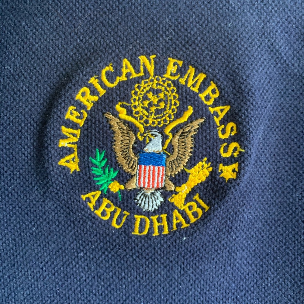 Rare Navy Blue Polo Shirt Embroidered Abu Dhabi Embassy